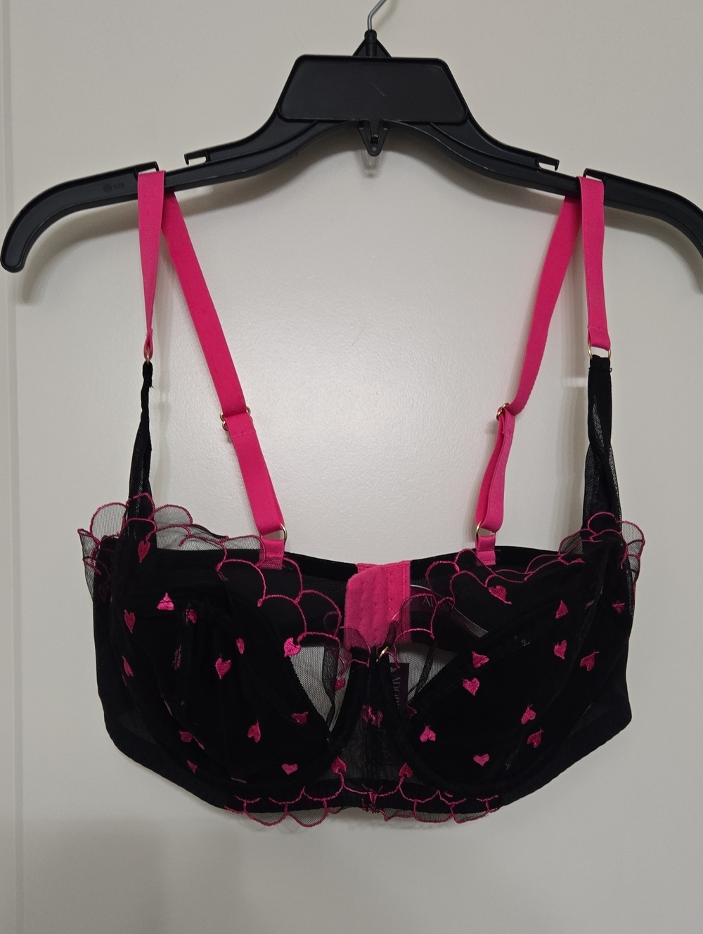 Adore Me Black and Hot Pink Heart-Embroidered Underwire Bra